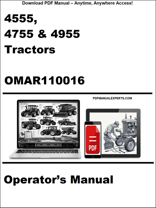 Operator's manual cover for 4555, 4755 & 4955 tractors with a laptop and toolbox graphic.
