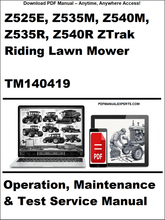 Manual cover for Z525E, Z535M, Z540M, Z535R, Z540R ZTrak Riding Lawn Mower with PDF icon and text.