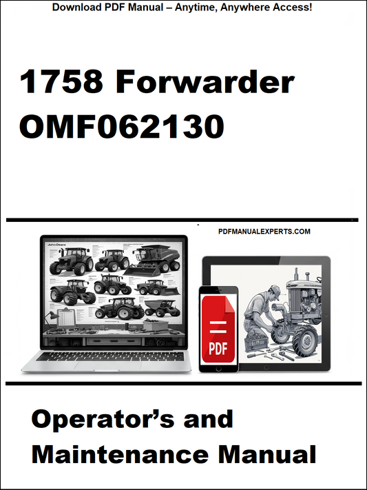 Advertisement for 1758 Forwarder operator's and maintenance manual with a laptop and truck illustration.