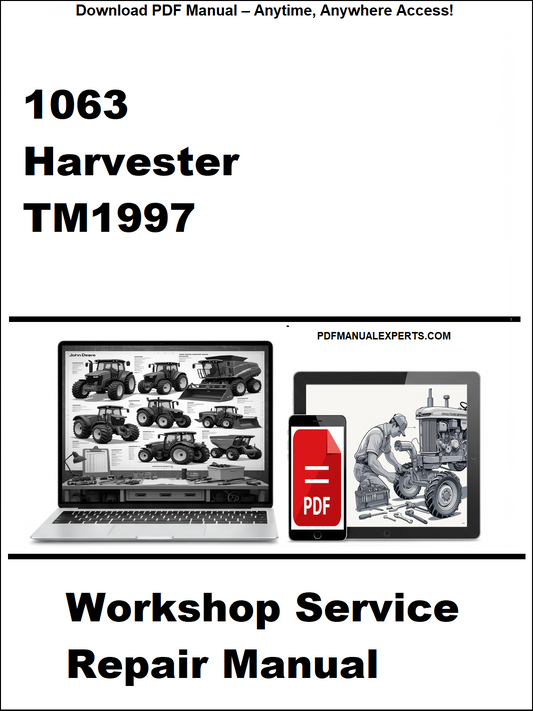 Advertisement for a workshop service repair manual for a 1063 Harvester TM1997 on a white background.