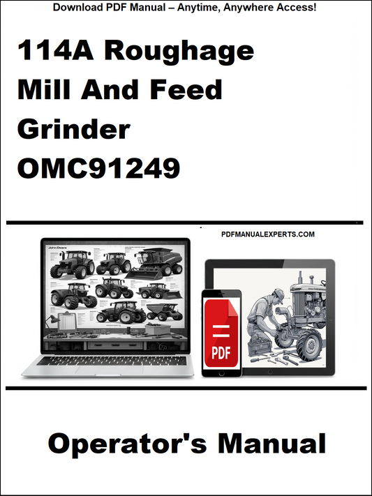 Operator's manual for 114A Roughage Mill And Feed Grinder OMC91249 on a white background with laptop and smartphone icons.