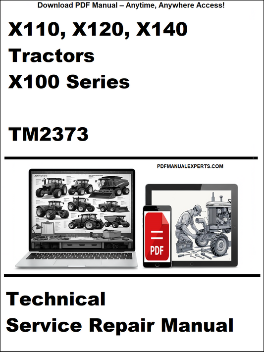 Technical service repair manual for X110, X120, X140 tractors with X100 series on a white background.