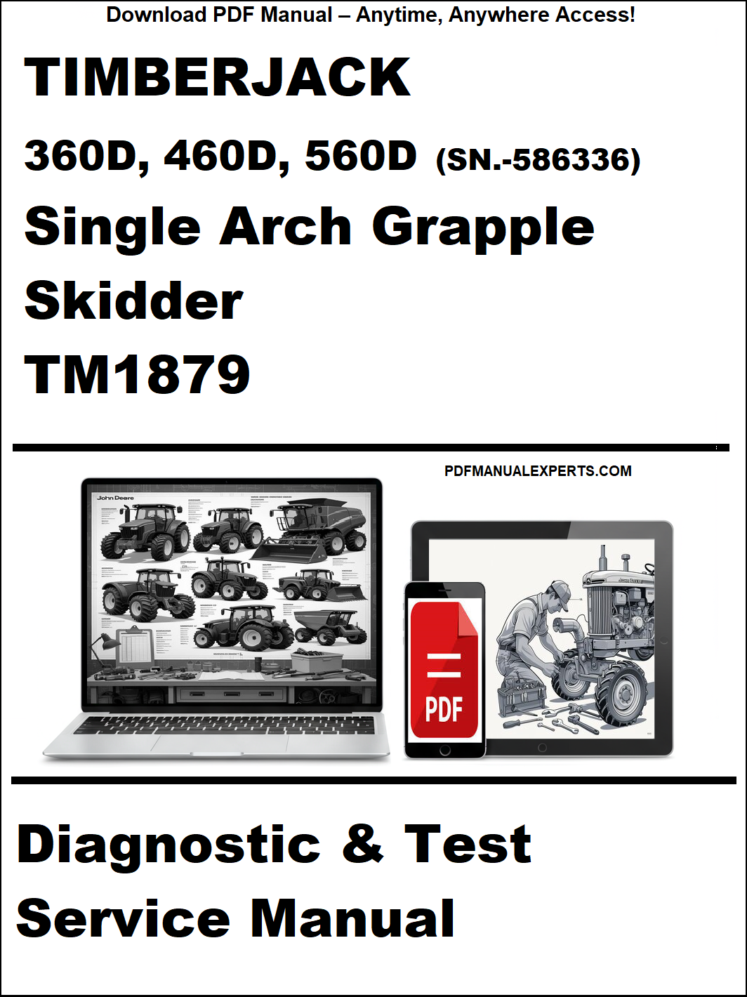 Cover of a service manual for Timberjack single arch grapple skidder with diagnostic and test information.