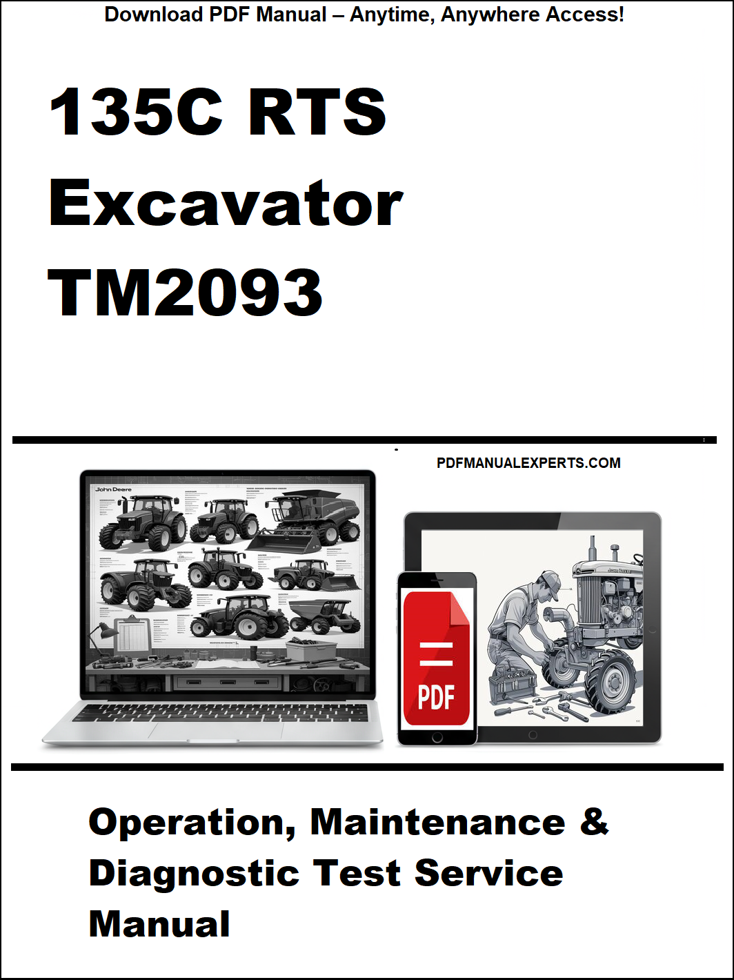 Cover of a manual for 135C RTS Excavator TM2093 with a laptop and smartphone displaying the manual on a white background.