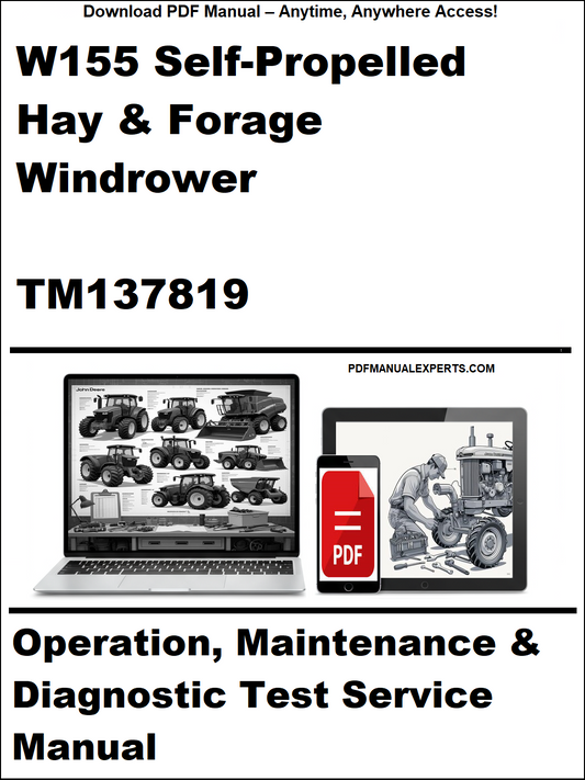 Manual cover for W155 Self-Propelled Hay & Forage Windrower TM137819 with laptop and toolbox graphics.
