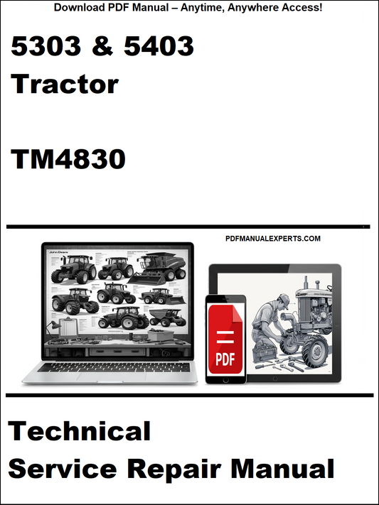 Technical service repair manual for 5303 & 5403 tractor with laptop and toolbox graphic on a white background.