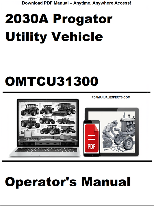 Operator's manual for 2030A Progator Utility Vehicle with digital device and laptop icons on a white background.