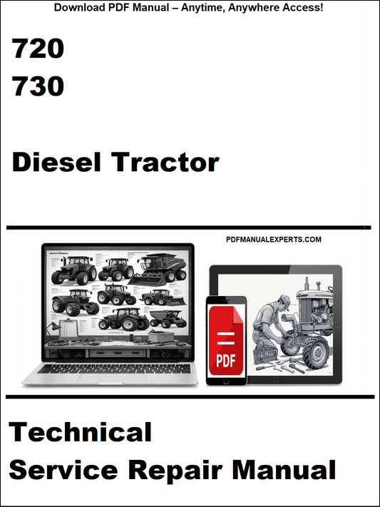 Cover of a technical service repair manual for a diesel tractor, featuring images of a laptop and tractor on a white background.