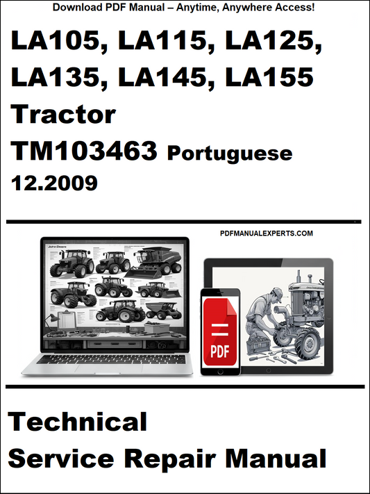 Advertisement for a technical service repair manual for LA105 to LA155 tractor models, featuring a laptop and tablet with images of tractors.
