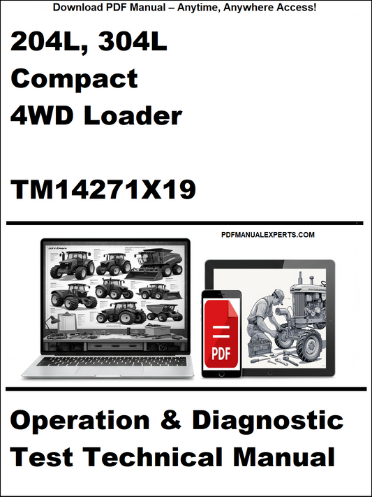 Cover of a technical manual for 204L, 304L Compact 4WD Loader with a laptop and toolbox graphic.