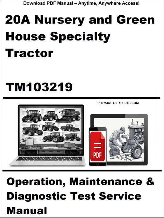 Manual cover for 20A Nursery and Green House Specialty Tractor TM103219 with laptop and tractor images.