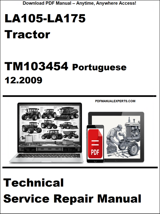 Technical service repair manual for LA105-LA175 tractor in Portuguese language, featuring a laptop and tablet with related icons.
