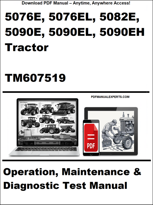 Cover of a manual for John Deere tractors with laptop and tractor illustrations.