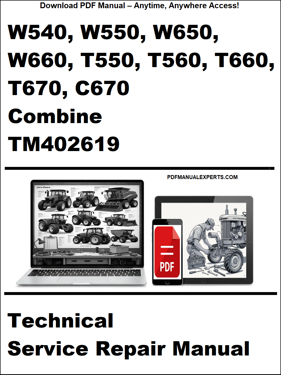 Technical service repair manual for agricultural combines on a white background