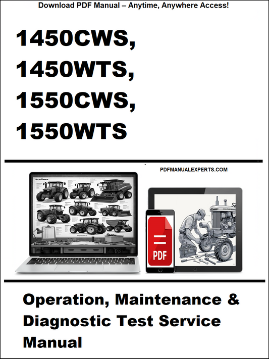 Manual cover for 1450CWS, 1450WTS, 1550CWS, 1550WTS operation, maintenance, and diagnostic test service manual with a laptop and toolbox graphic.