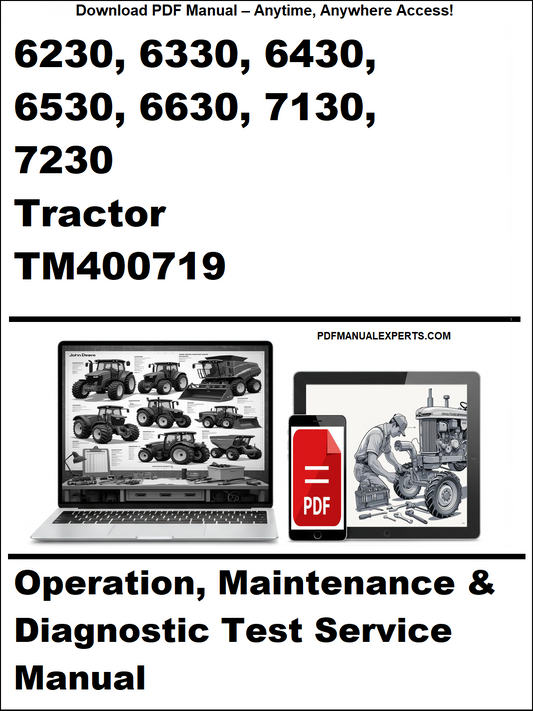 Manual cover for John Deere tractors with laptop and tractor illustration