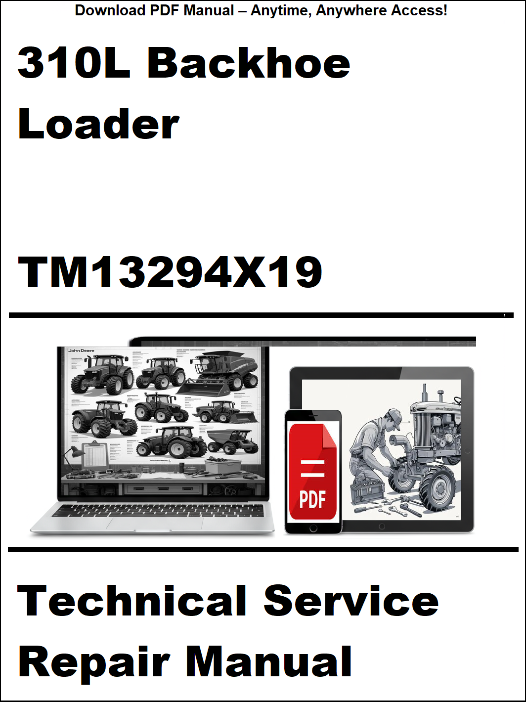 Technical service repair manual for 310L Backhoe Loader with digital device and laptop illustration on a white background.