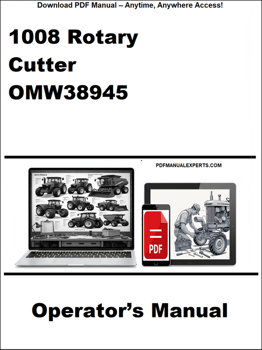 Advertisement for 1008 Rotary Cutter OMW38945 operator's manual with a laptop and smartphone displaying the document.