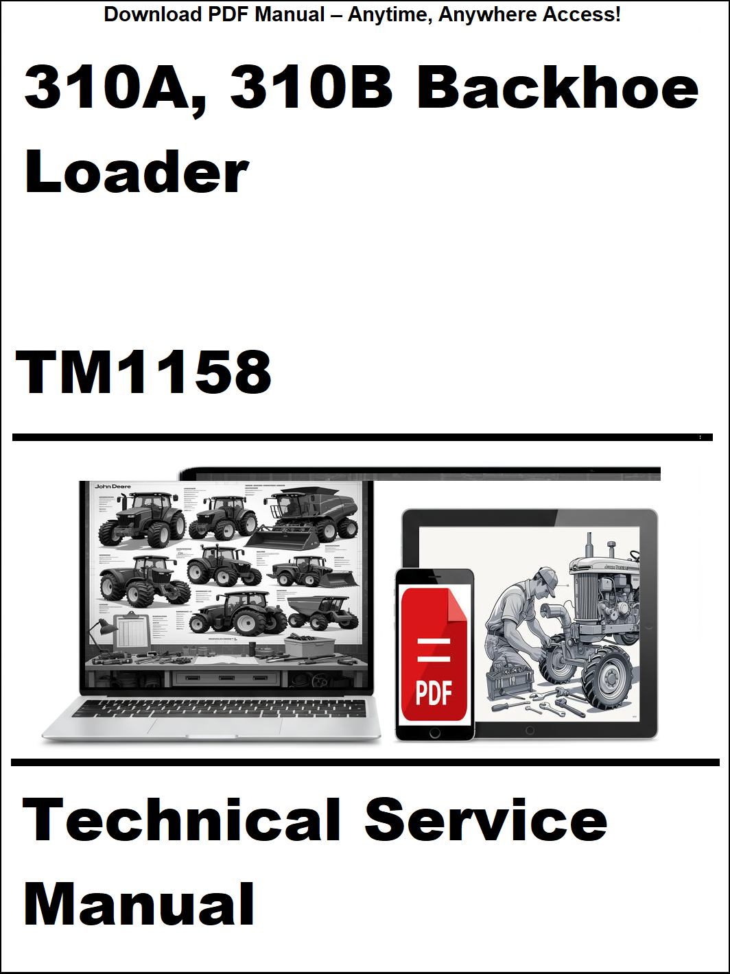 Technical service manual for John Deere 310A and 310B backhoe loaders, displayed on a laptop screen.