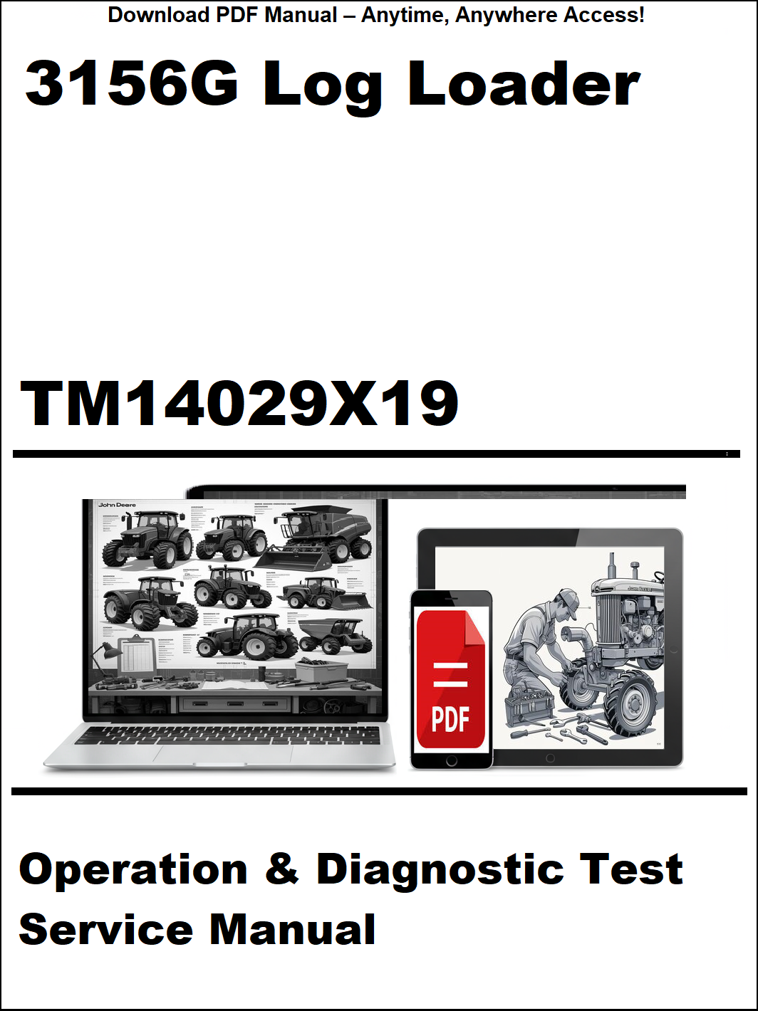 Service manual for 3156G Log Loader with laptop and diagnostic tool graphics on a white background.