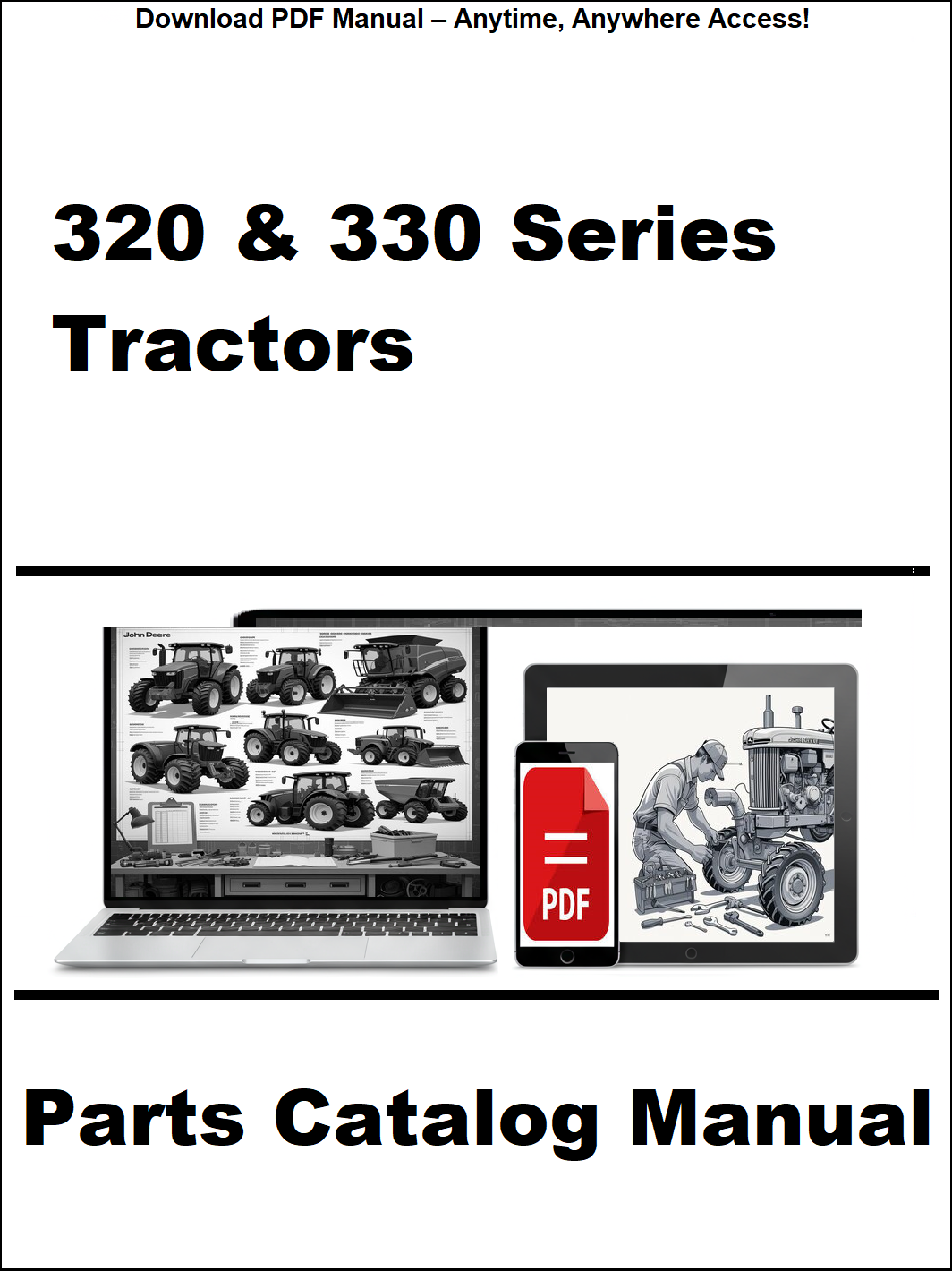 Cover of a parts catalog manual for 320 & 330 Series Tractors with images of tractors and a laptop.