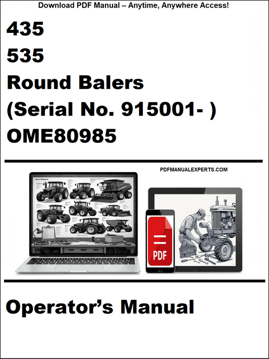 Cover of a manual for round balers with a laptop and toolbox graphic, featuring text about product details and access information.