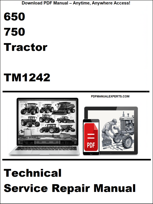 Technical service repair manual for 650 and 750 tractor model TM1242 on a white background.