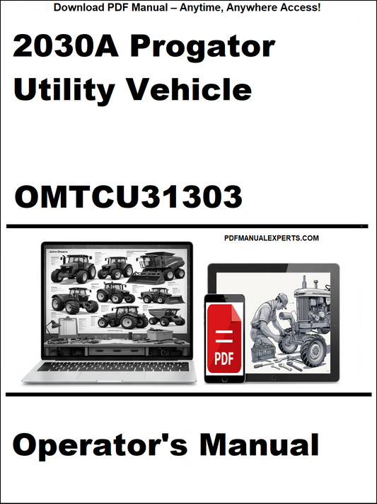 Operator's manual for 2030A Progator Utility Vehicle with digital device and laptop icons on a white background.