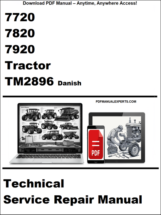 Technical service repair manual for 7720, 7820, 7920 tractors with a laptop and toolbox graphic on a white background.