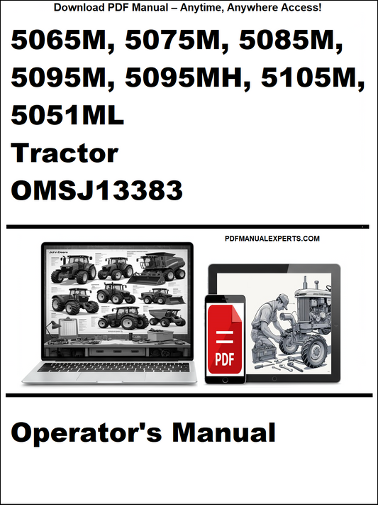 Operator's manual for 5065M, 5075M, 5085M, 5095M, 5095MH, 5105M, 5051ML Tractor OMSJ13383 on a white background.