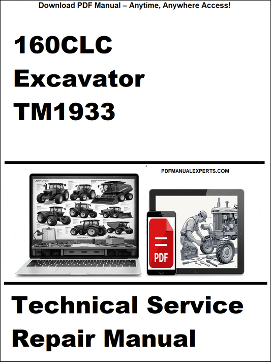 Advertisement for a technical service repair manual for a 160CLC excavator, featuring a laptop and smartphone with icons.
