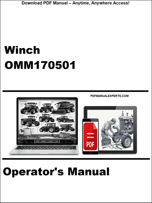 Operator's manual for Winch OMM170501 with a laptop and smartphone displaying the document.