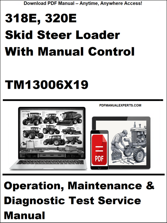 Cover of a manual for 318E and 320E skid steer loaders with manual control, featuring a laptop and toolbox graphic.