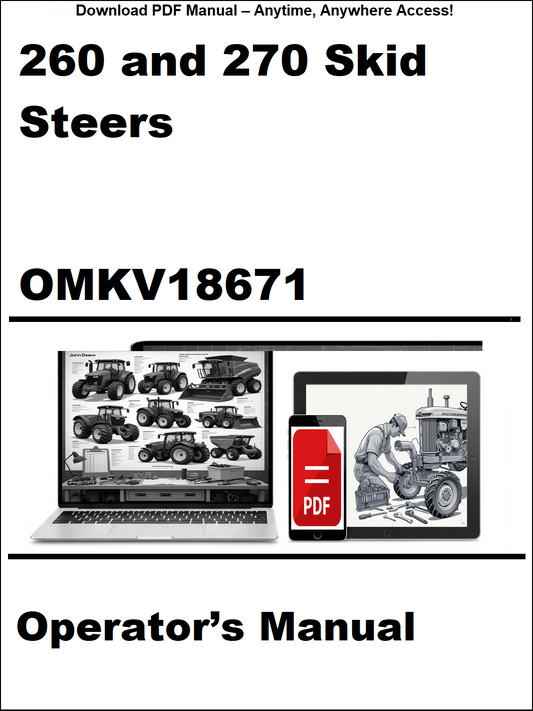 Operator's manual for 260 and 270 skid steers with OMKV18671 on a white background.