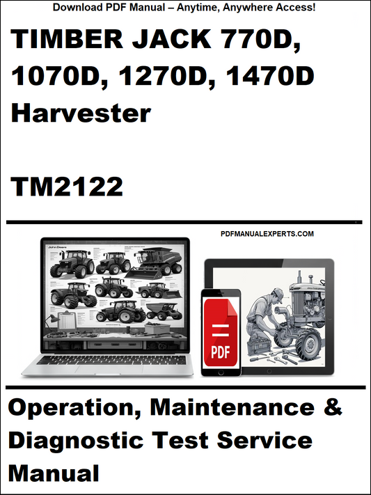 Cover of a manual for Timber Jack 770D, 1070D, 1270D, 1470D Harvester with a laptop and toolbox graphic.