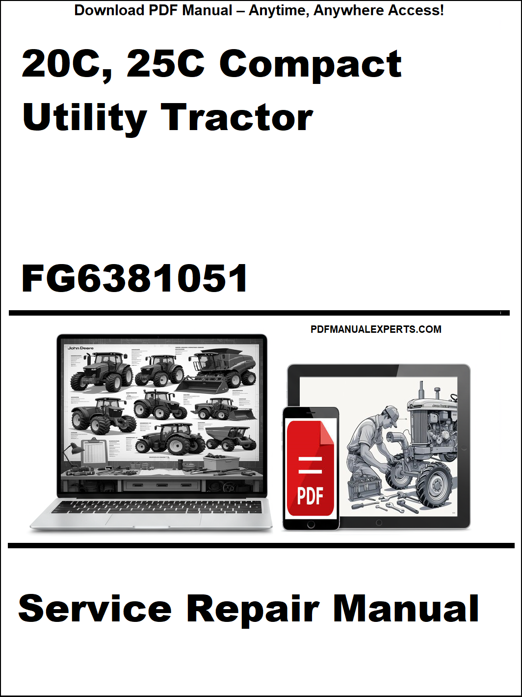 Service repair manual for 20C, 25C Compact Utility Tractor with digital device and laptop illustration on a white background.