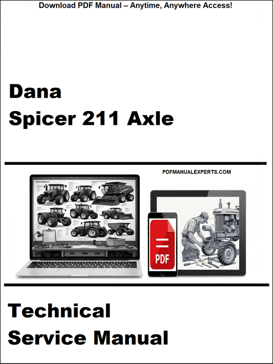 Technical service manual for Dana Spicer 211 Axle with laptop and truck images on a white background.