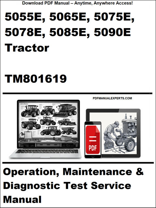 Manual cover for John Deere tractors with laptop and toolbox graphics.