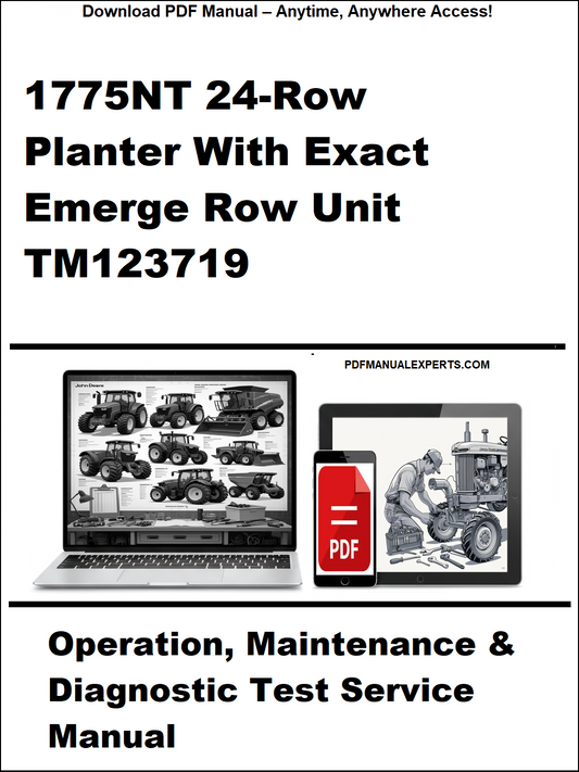 Manual cover for 1775NT 24-Row Planter with Exact Emerge Row Unit TM123719, featuring a laptop and tractor illustration.