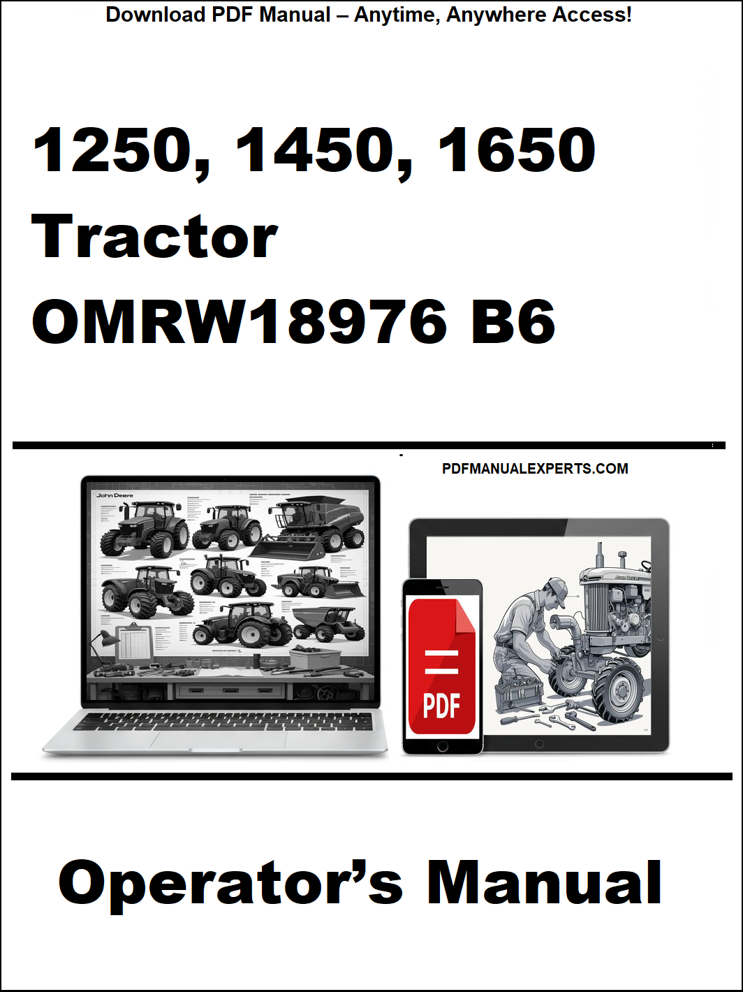 Cover of a tractor operator's manual with a laptop and smartphone displaying the PDF on a white background.