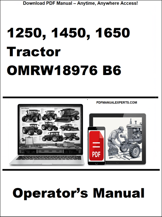 Cover of a tractor operator's manual with a laptop and smartphone displaying the PDF on a white background.