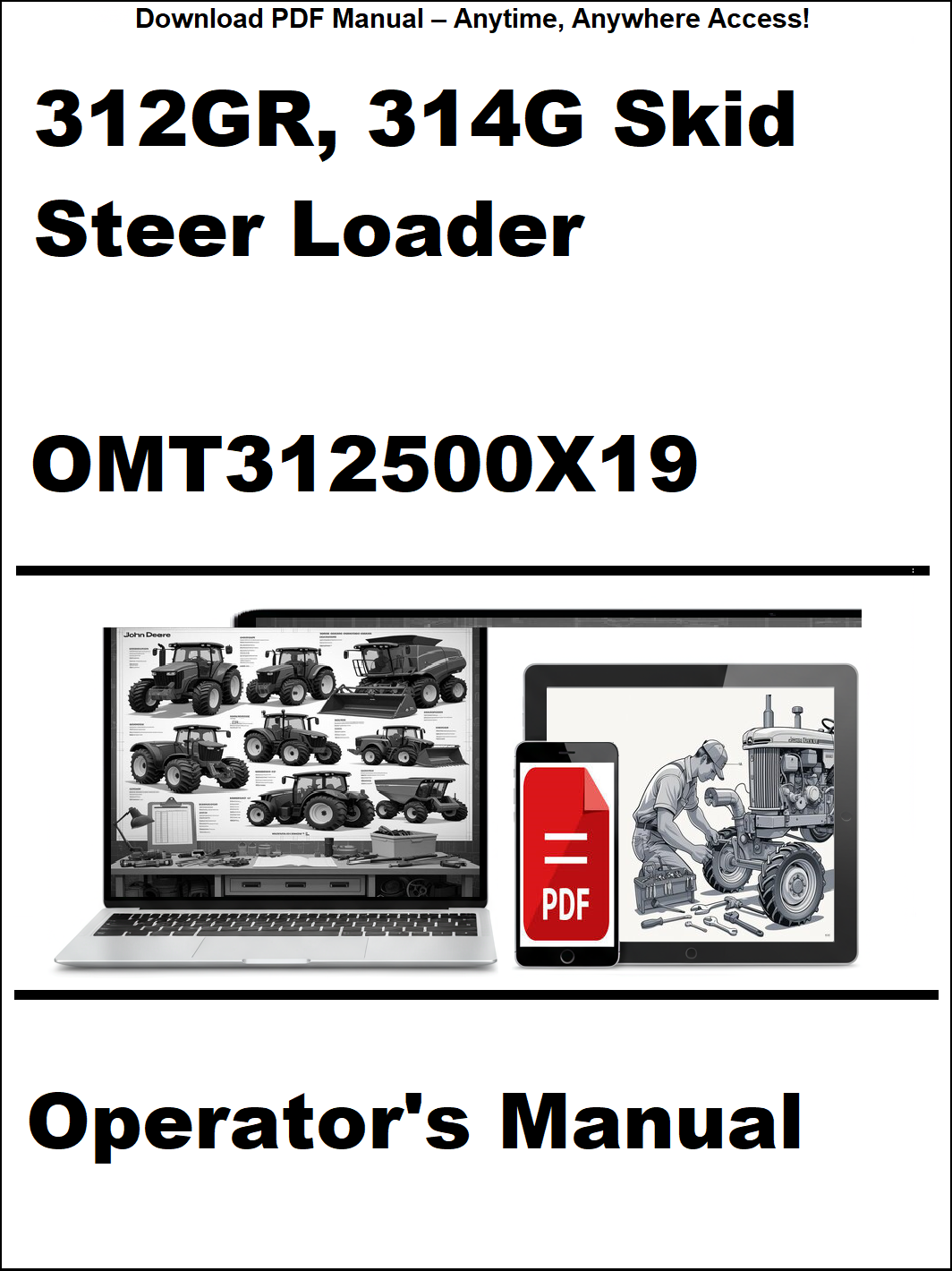 Operator's manual for 312GR and 314G skid steer loaders with a PDF icon on a white background.