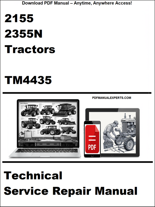 Technical service repair manual for 2155 and 2355N tractors with a laptop and toolbox graphic on a white background.