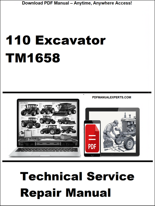 Technical service repair manual for 110 Excavator TM1658 on a white background with laptop and smartphone icons.