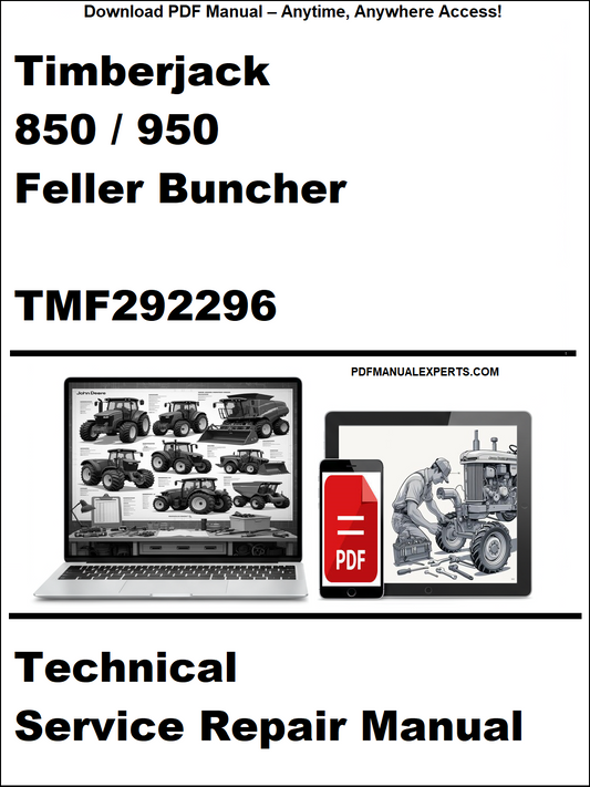 Cover of Timberjack 850/950 Feller Buncher TMF292296 technical service repair manual with a laptop and toolbox graphic.