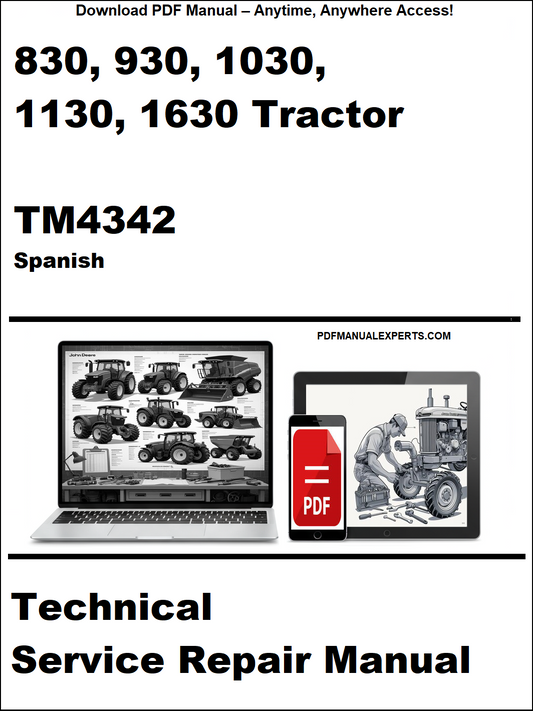 Technical service repair manual for 830, 930, 1030, 1130, 1630 tractor in Spanish on a white background.