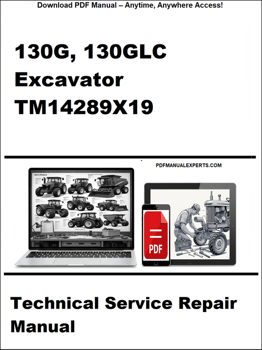 Technical service repair manual for 130G and 130GLC excavator with laptop and toolbox graphic on a white background.