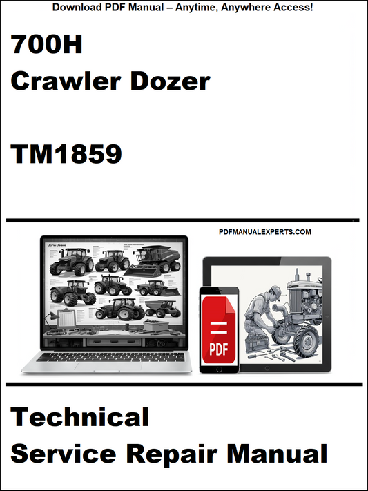 Technical service repair manual for 700H Crawler Dozer TM1859 on a white background with laptop and toolbox icons.
