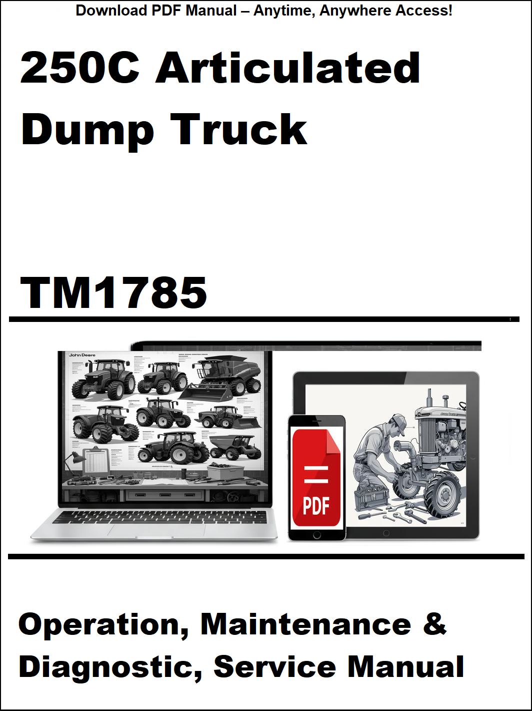 Manual cover for 250C Articulated Dump Truck TM1785 with laptop and truck images.