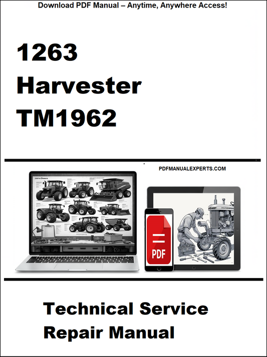 Advertisement for a technical service repair manual for a Harvester TM1962 on a white background.